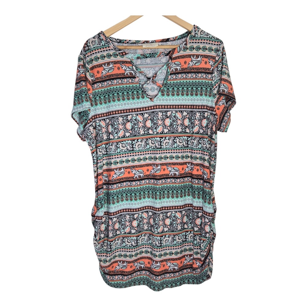 Bobbie Brooks Plus Size 2X Elephant Floral Border Print V-Neck Ruched Top Coral‎